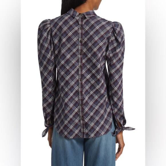 Veronica Beard Isabel Reversed Plaid Blouse Wine Puff Sleeve Blouse Size 0 - Picture 2 of 12